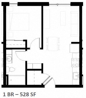 Floor plan for 1 bed, 1 bath, 524 sqft